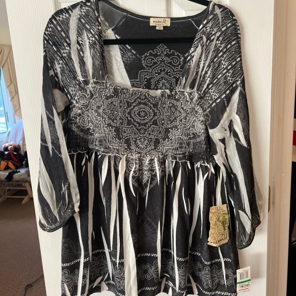 ONE WORLD Black and White Patterned Blouse